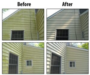 A before and after picture of the exterior of a house.