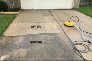 A before and after picture of power washing concrete.