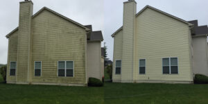A before and after picture of the side of a house.